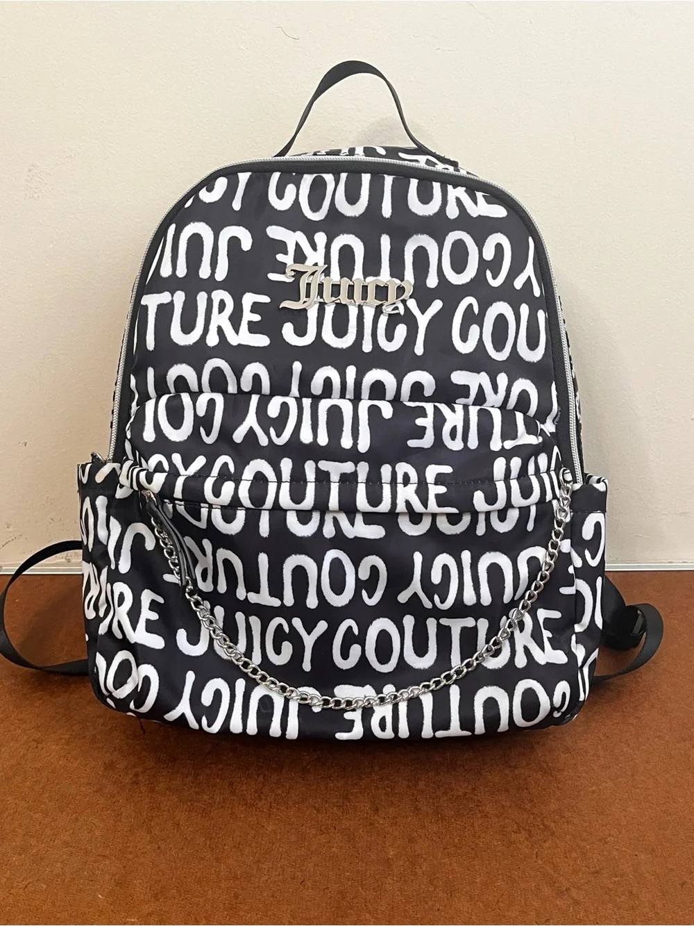 Juicy Couture Gothic Black and White Logo Print Backpack with Silver Chain